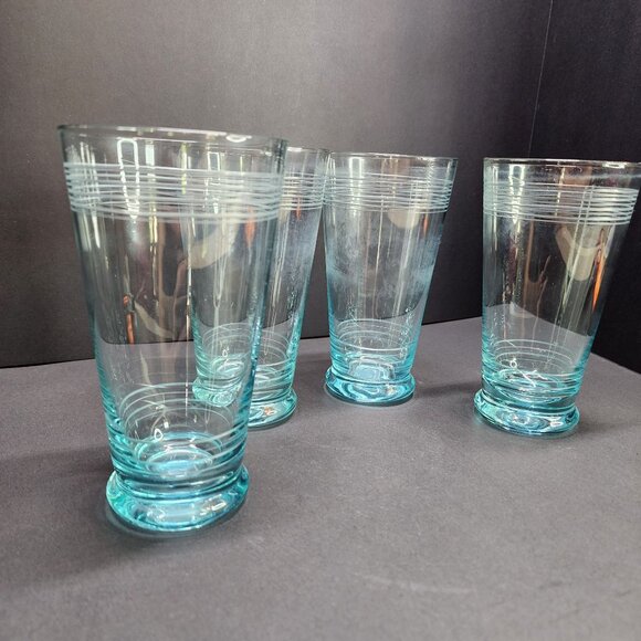 Vintage Icy Blue Etched Banded Glasses Tumbler - Set of 4 - Picture 2 of 11